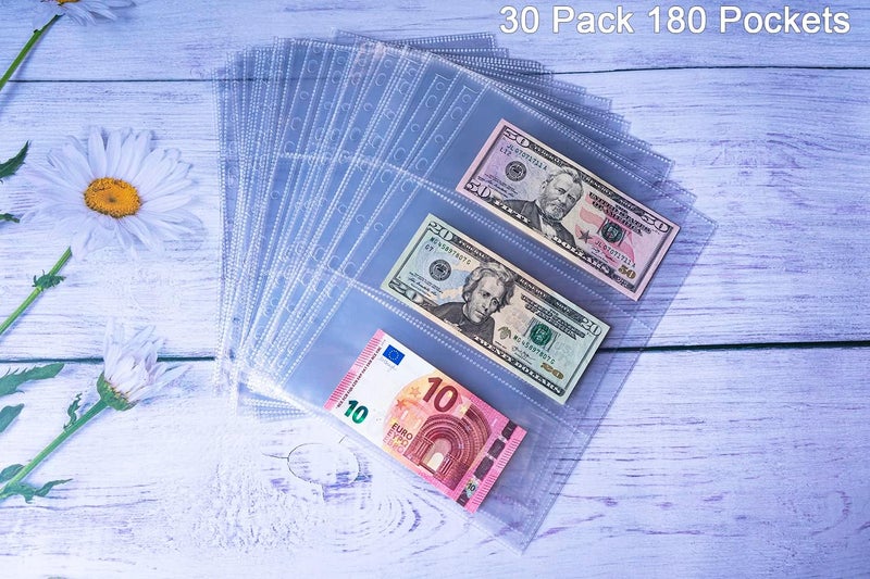 WITHYU 30 Pack 180 Pockets 11 Hole Currency Collection Sleeves, Cash Collecting Album Refill Page, Double Side 3 Pockets Currency Sheets for Collecting Dollar Bills, Paper Money, Foreign Currency and Coupons - Image 4